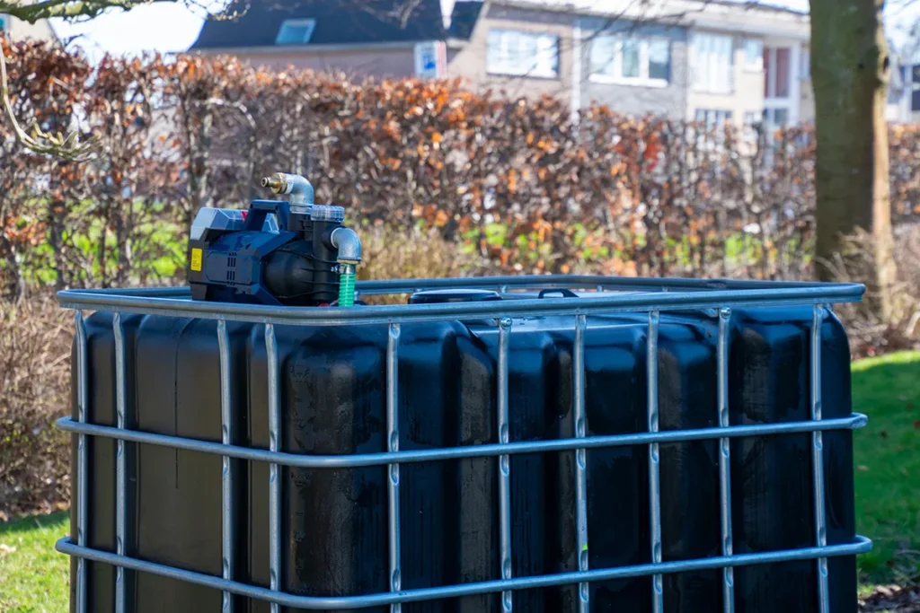 IBC container ZWART op metalen of kunststof pallet - met accu pomp - vernieuwd