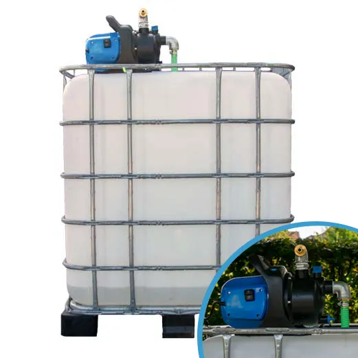 IBC container met waterpomp op metalen of kunststof pallet - praktische regenton 1000 liter