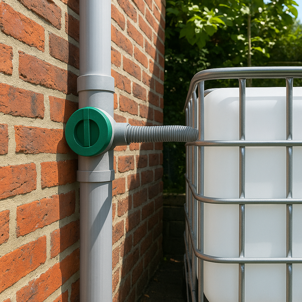 IBC vat gebruikt als watervat 1000 liter aangesloten aan regenpijp tegen muur