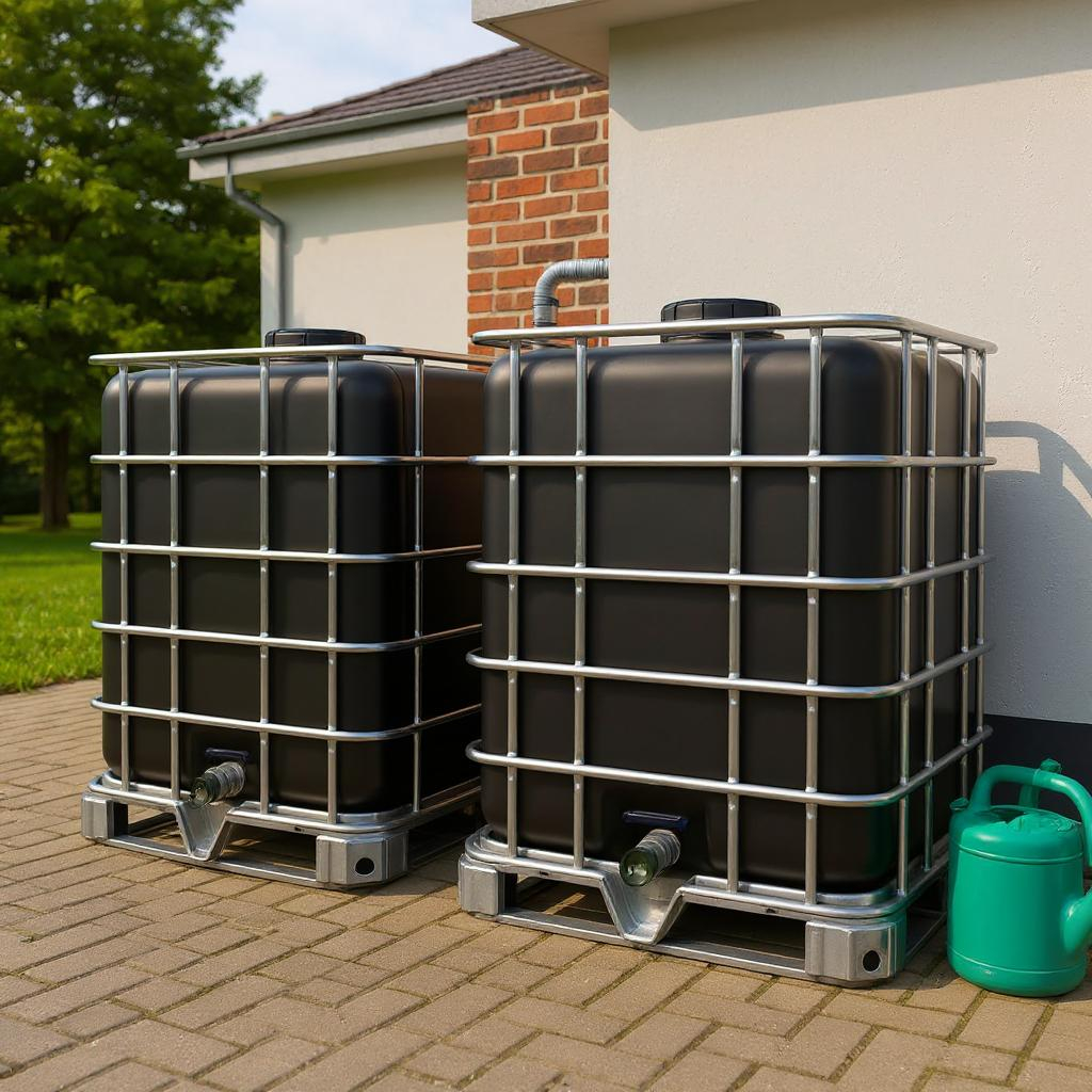 2 gekoppelde IBC containers ZWART op metalen of kunststof pallet - vernieuwd
