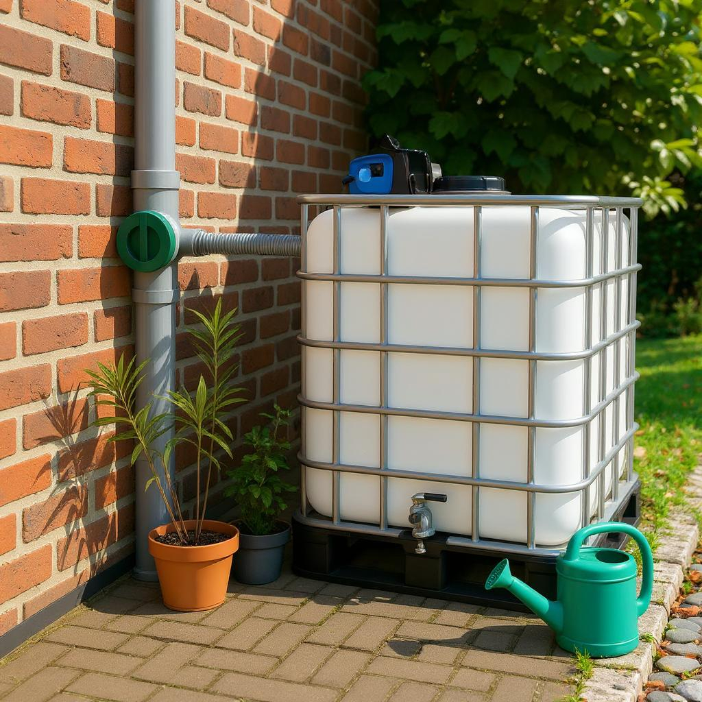IBC container met waterpomp op metalen of kunststof pallet - praktische regenton 1000 liter