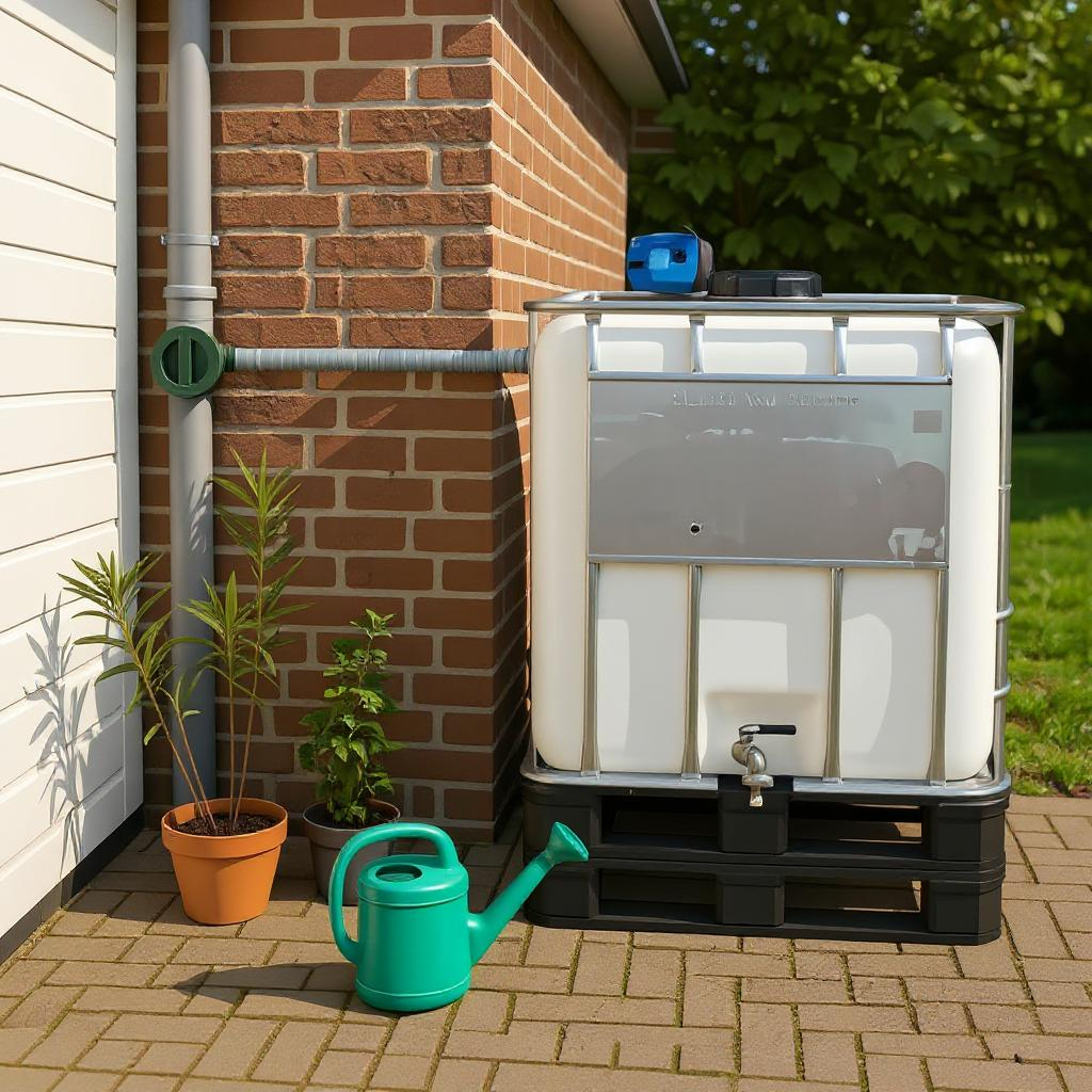IBC container met waterpomp op metalen of kunststof pallet - praktische regenton 1000 liter