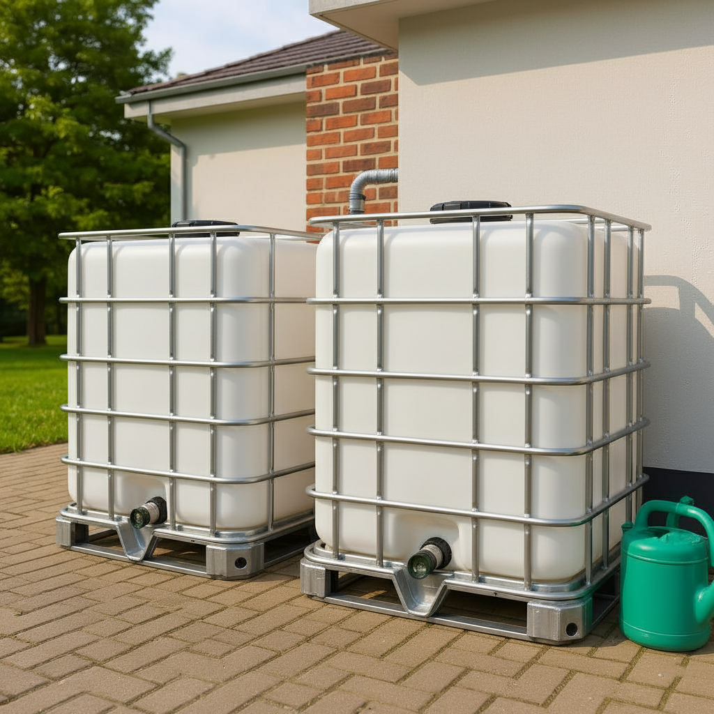2 gekoppelde IBC containers wit op metalen of kunststof pallet - vernieuwd