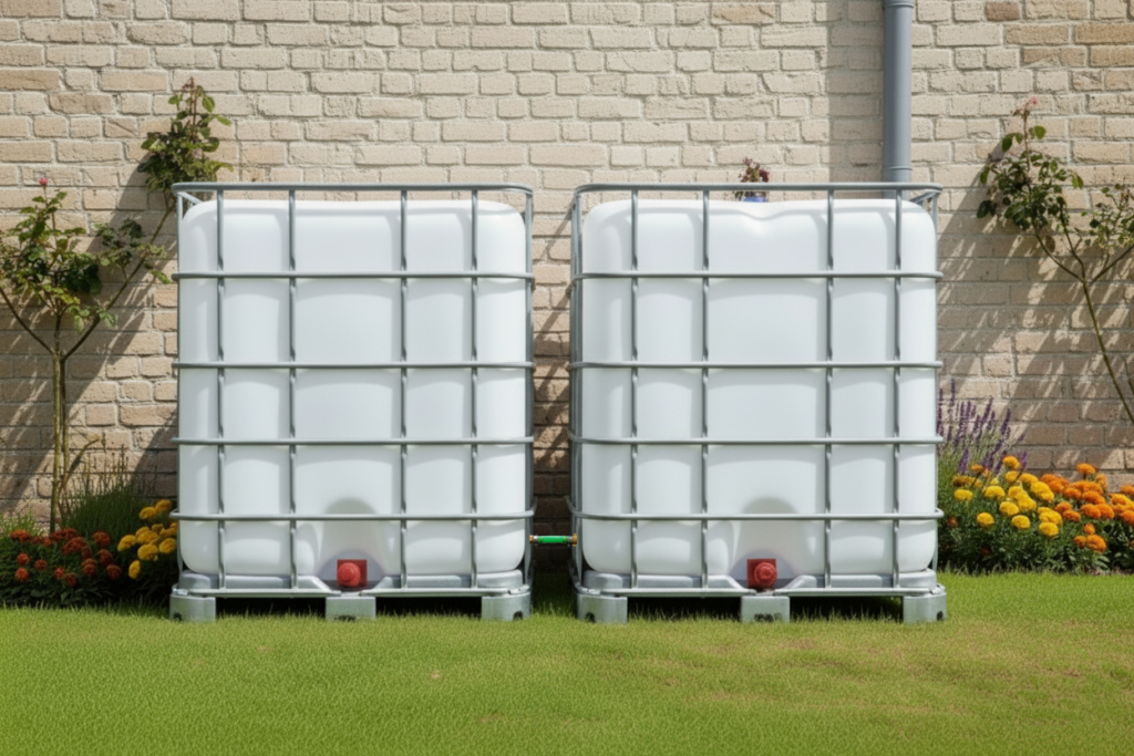 2 gekoppelde IBC containers wit op metalen of kunststof pallet - vernieuwd