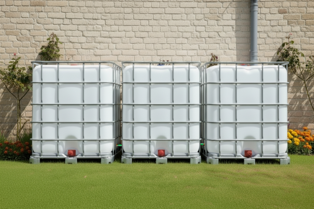 3 gekoppelde IBC containers wit op metalen of kunststof pallet - vernieuwd