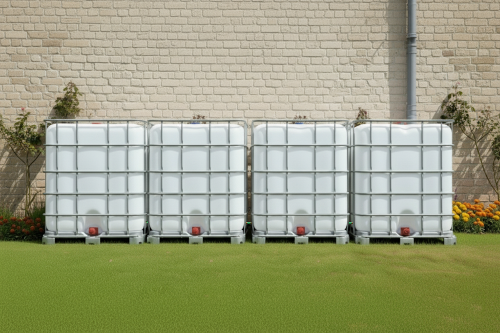 4 gekoppelde IBC containers wit op metalen of kunststof pallet - vernieuwd