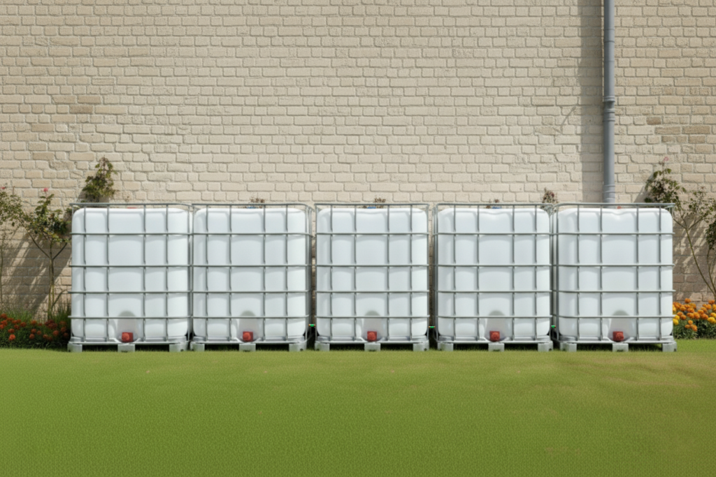 5 gekoppelde IBC containers wit op metalen of kunststof pallet - vernieuwd